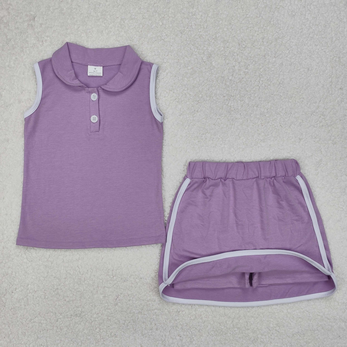 Baby Girls Purple Sleeveless Button Down Top Skirt With Short Cotton Sport Set