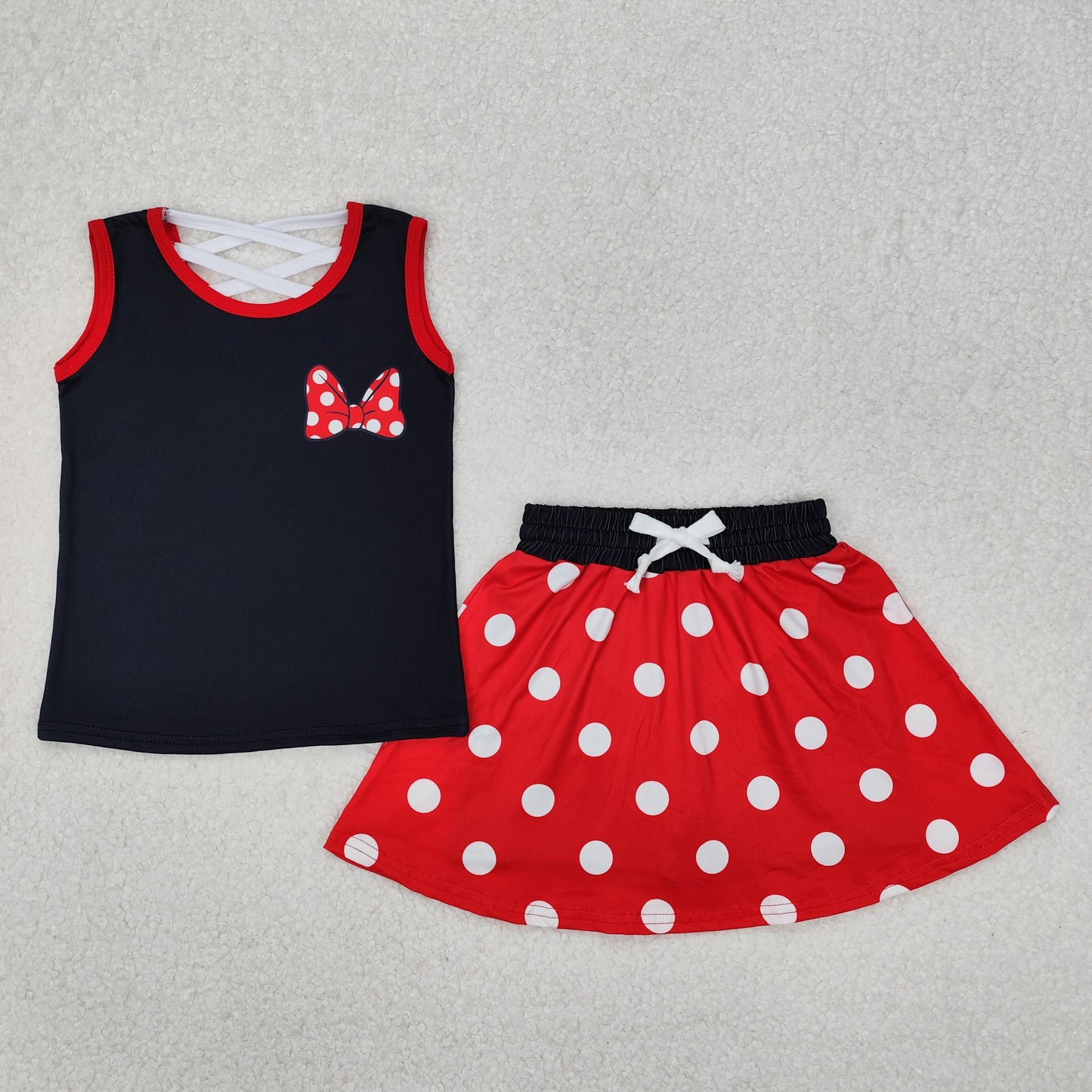 Baby Girls Black Sleeveless Bow Top Red Polka Dots Patchwork Skirt Set