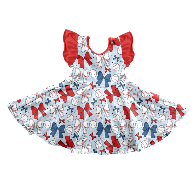 Baby Girls Red Flutter Sleeves Blue Bows Baseballs 4th Of July Dress Preorder