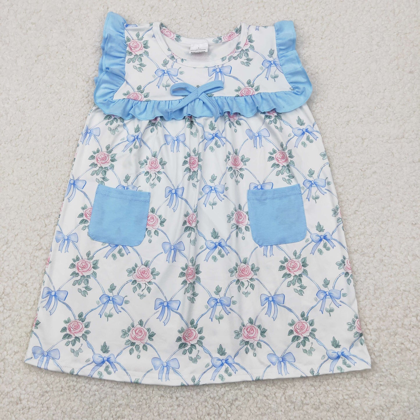 Baby Girls Pink Flowers Blue Bow Dress
