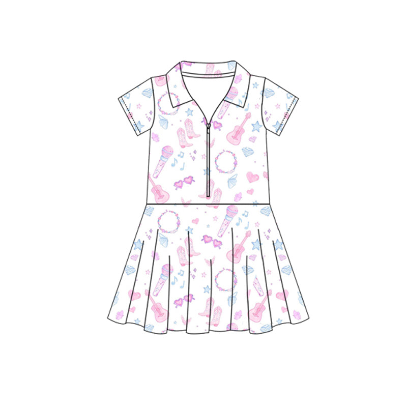 GSD2409 Baby Girls Short Sleeves Pink Boots Guitars Zipper Knee Length Dresses Preorder