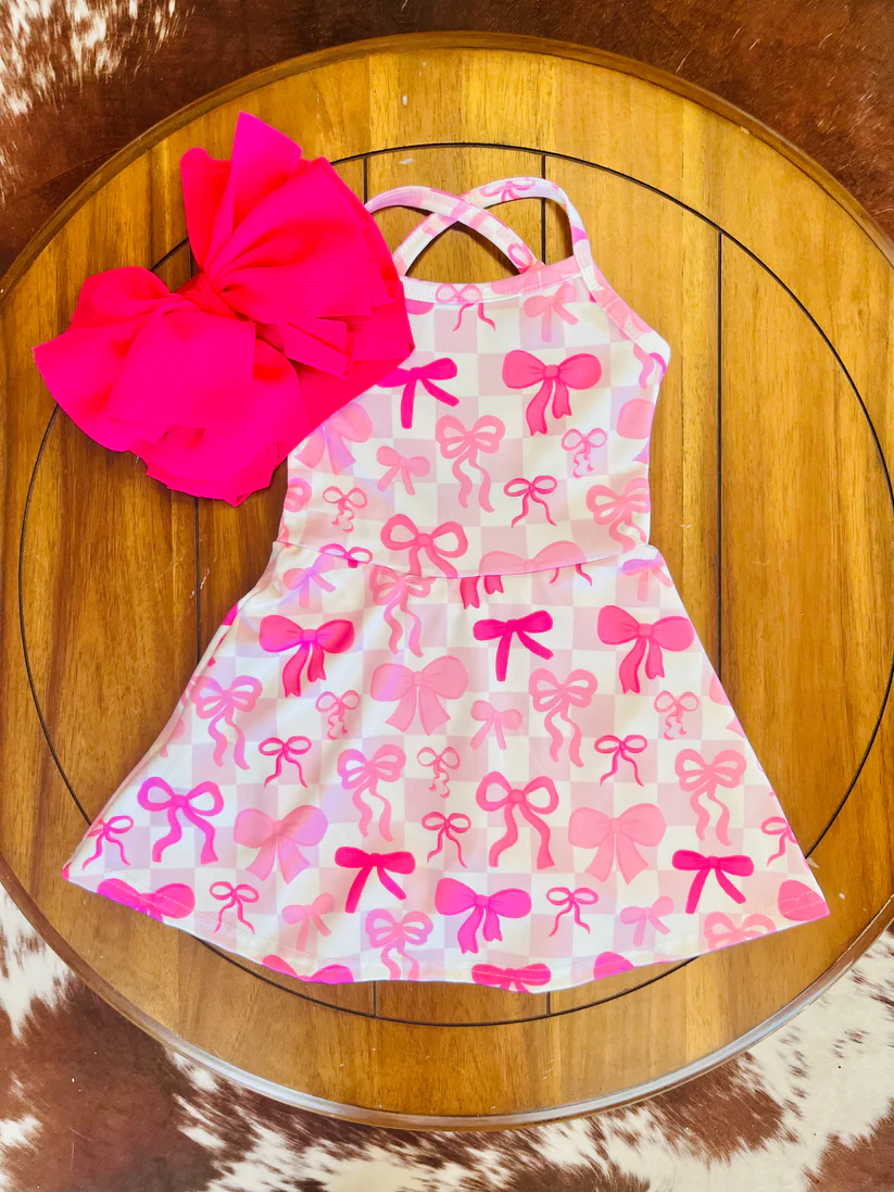 GSD2574 Baby Girls Active Wear Pink Bow Checked Yoga Dress Preorder