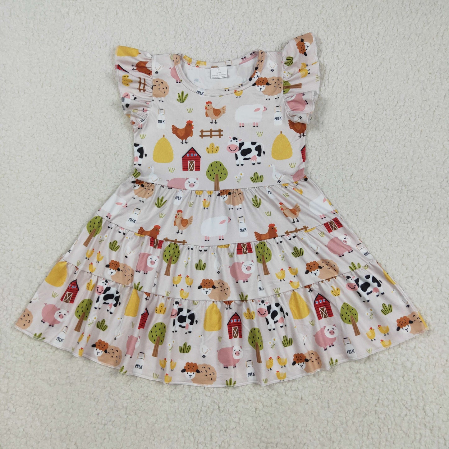 GSD2595 Kids Girls Farm Animal Friend Flutter Sleeve Dress
