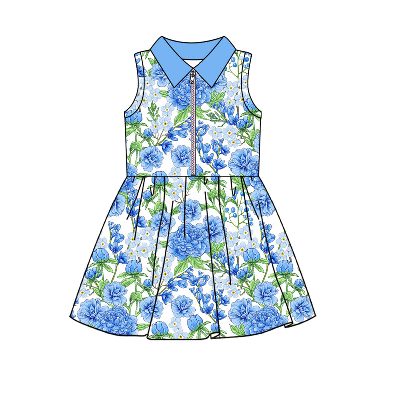 GSD2713 Baby Girls Blue Floral Polo Sleeve Yoga Dress Preorder