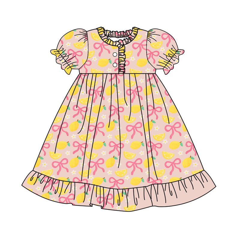GSD2812 Kids Girls Lemon Pink Bow Short Sleeve Dress Preorder