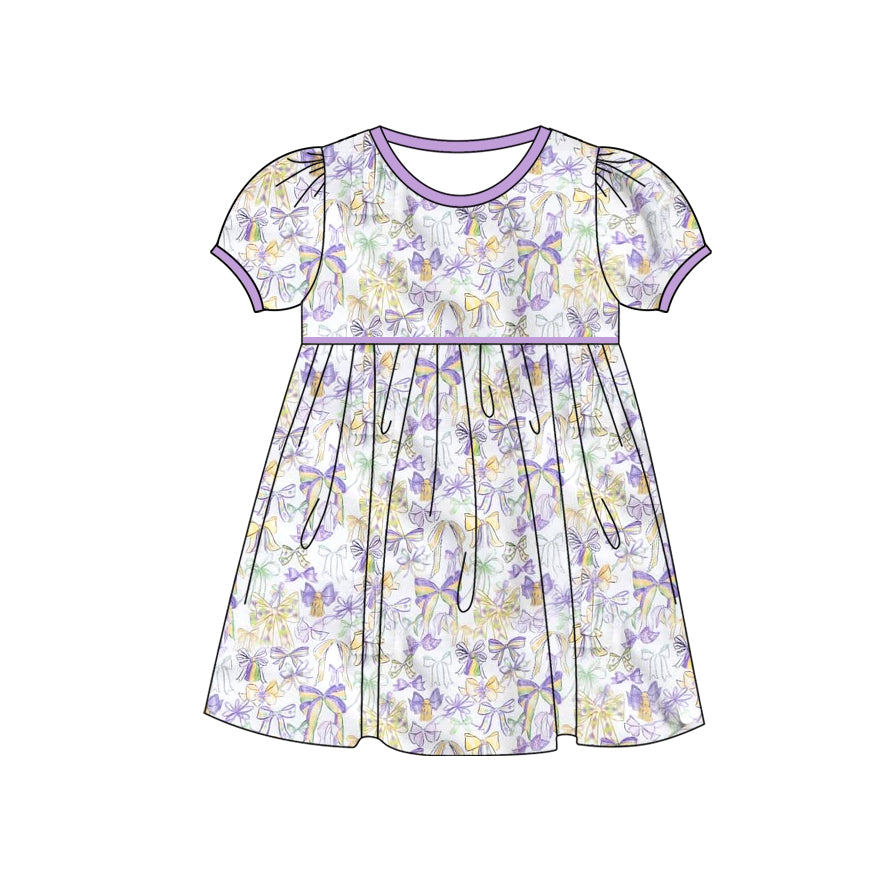GSD2828 Kids Girls Mard Gras Purple Bow Short Sleeve Dress Preorder