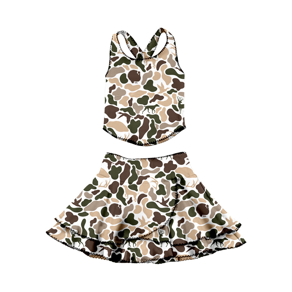 GSD3357 Baby Girls khaki Camo Sleeveless Top With Ruffle Skirt Set Active Yoga Set Preorder