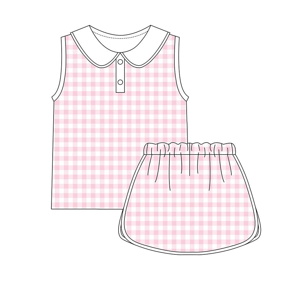 GSD3374 Baby Girls Pink Gingham Top With Bow SKirt Active Yoga Set