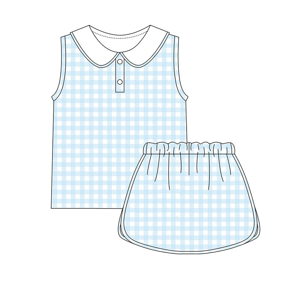 GSD3375 Baby Girls Blue Gingham Top With Bow SKirt Active Yoga Set