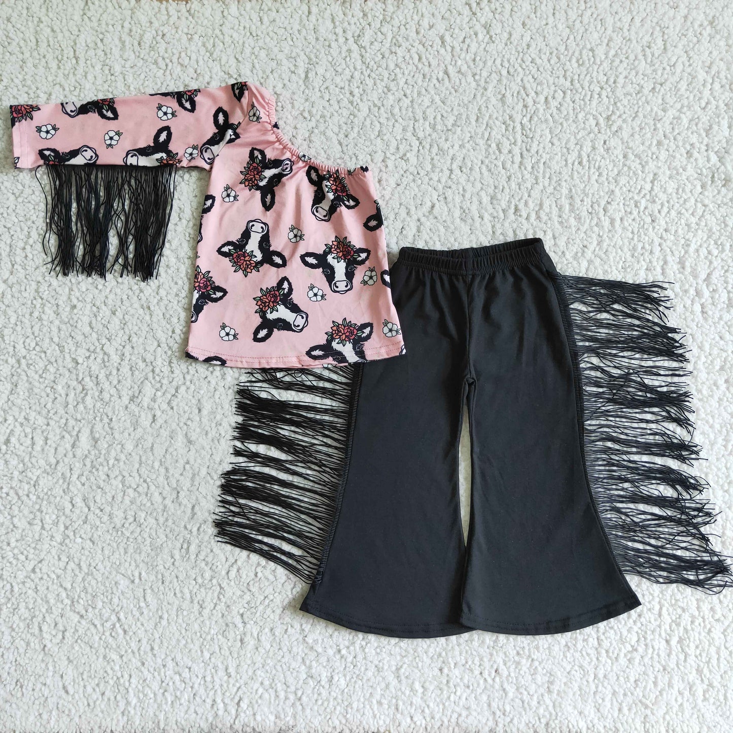 Baby Girls Cow Top With Black Pants Set On Sale