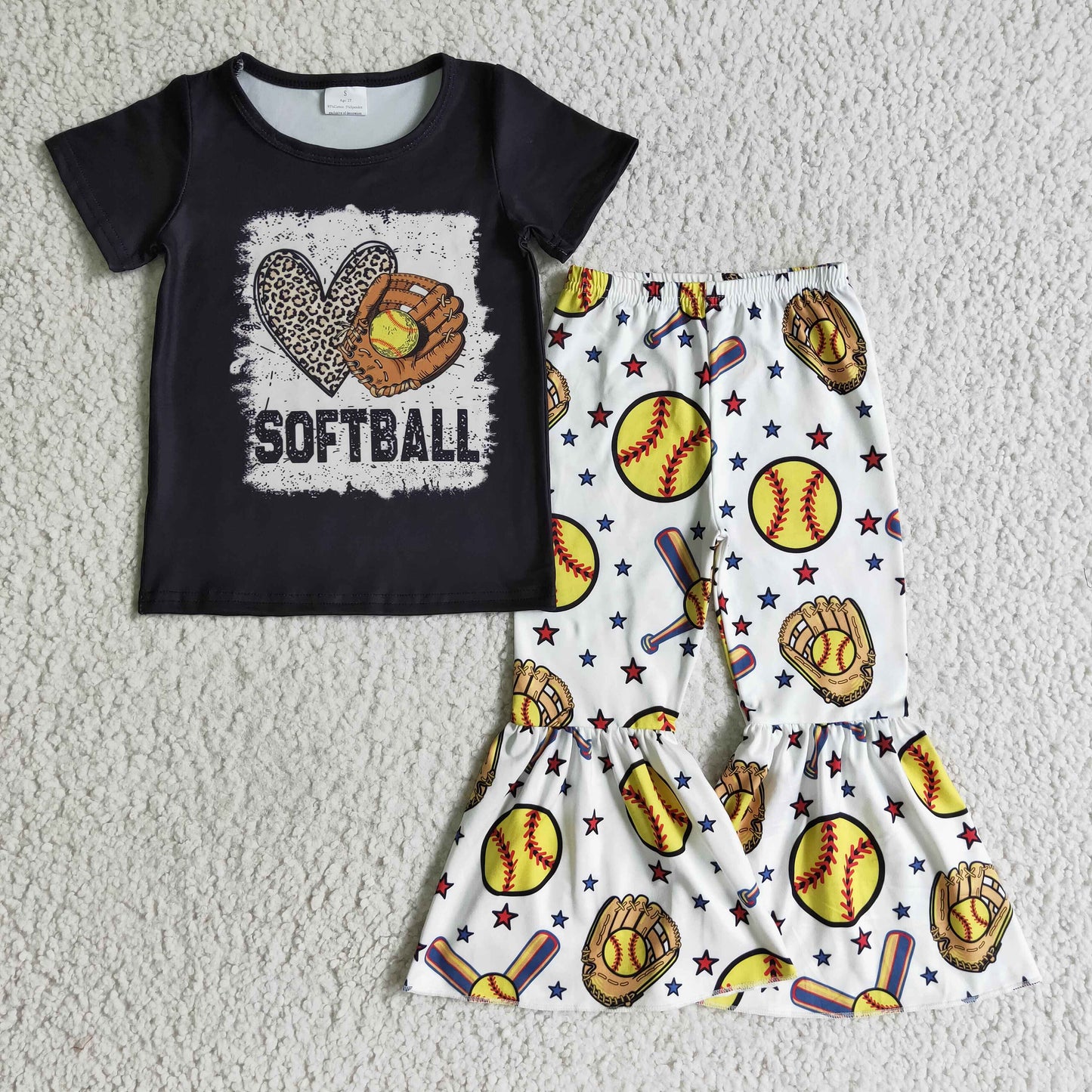 GSPO0215 Kids Girls Softball Bell Bottom Pants Set