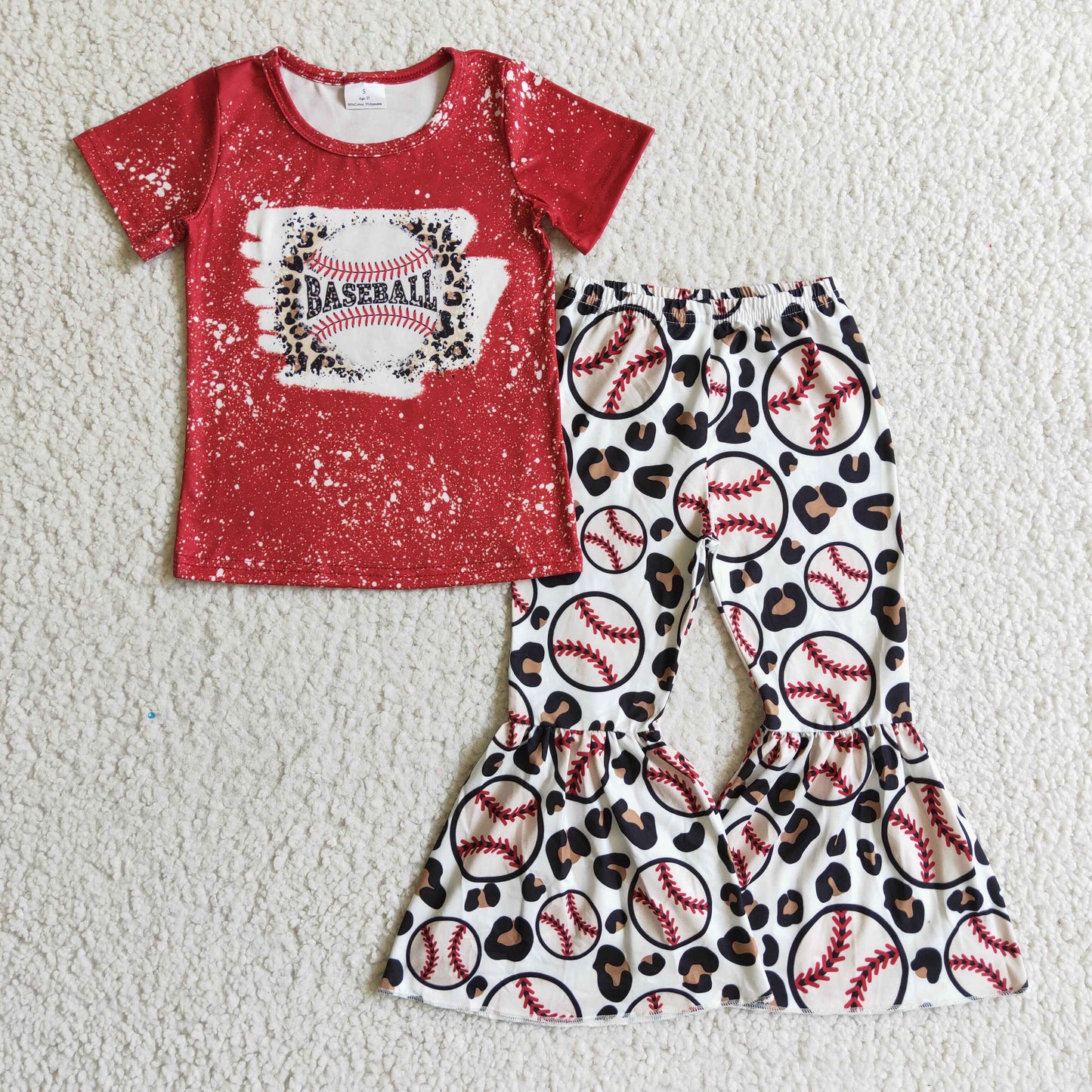 GSPO0217 Kids Girls Baseball Bell Bottom Pants Set