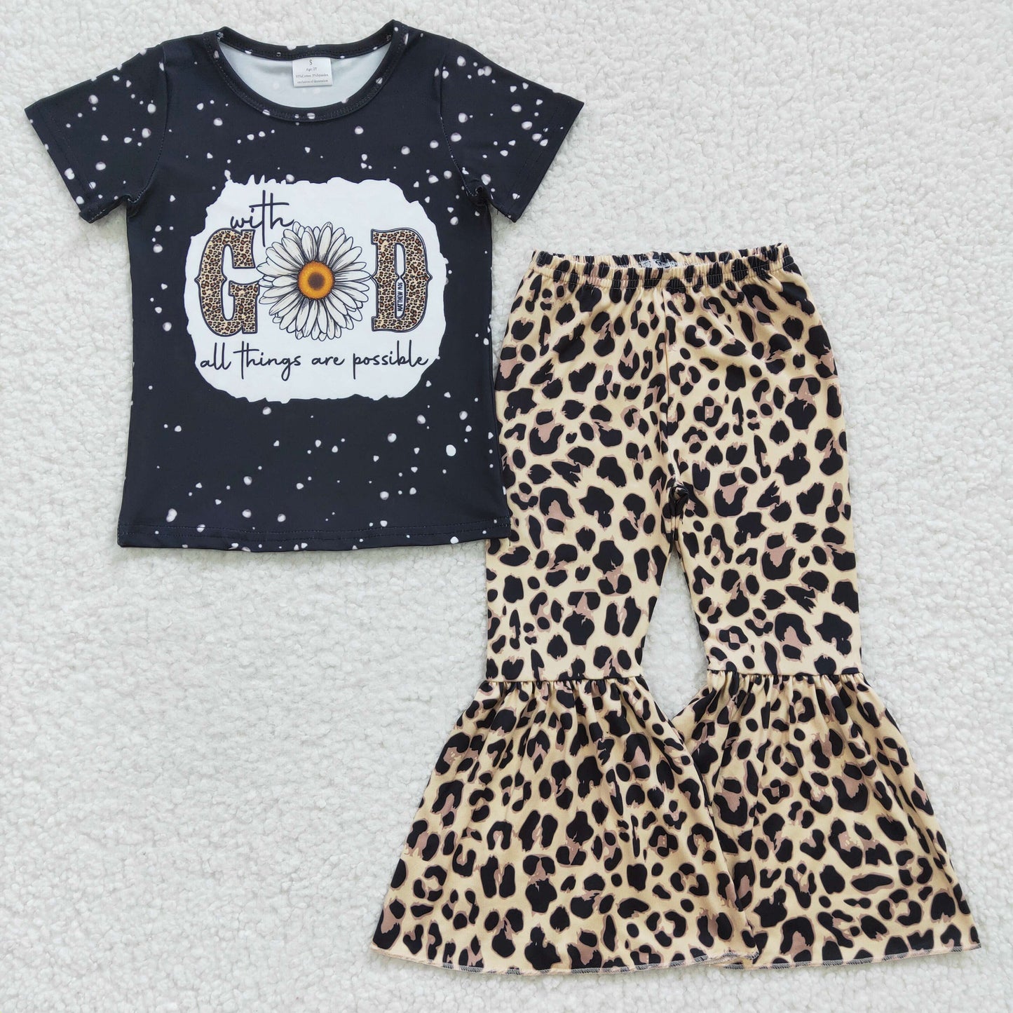 Baby Girls Black Short Sleeves GOD Top Leopard Bell Bottom Pant Set