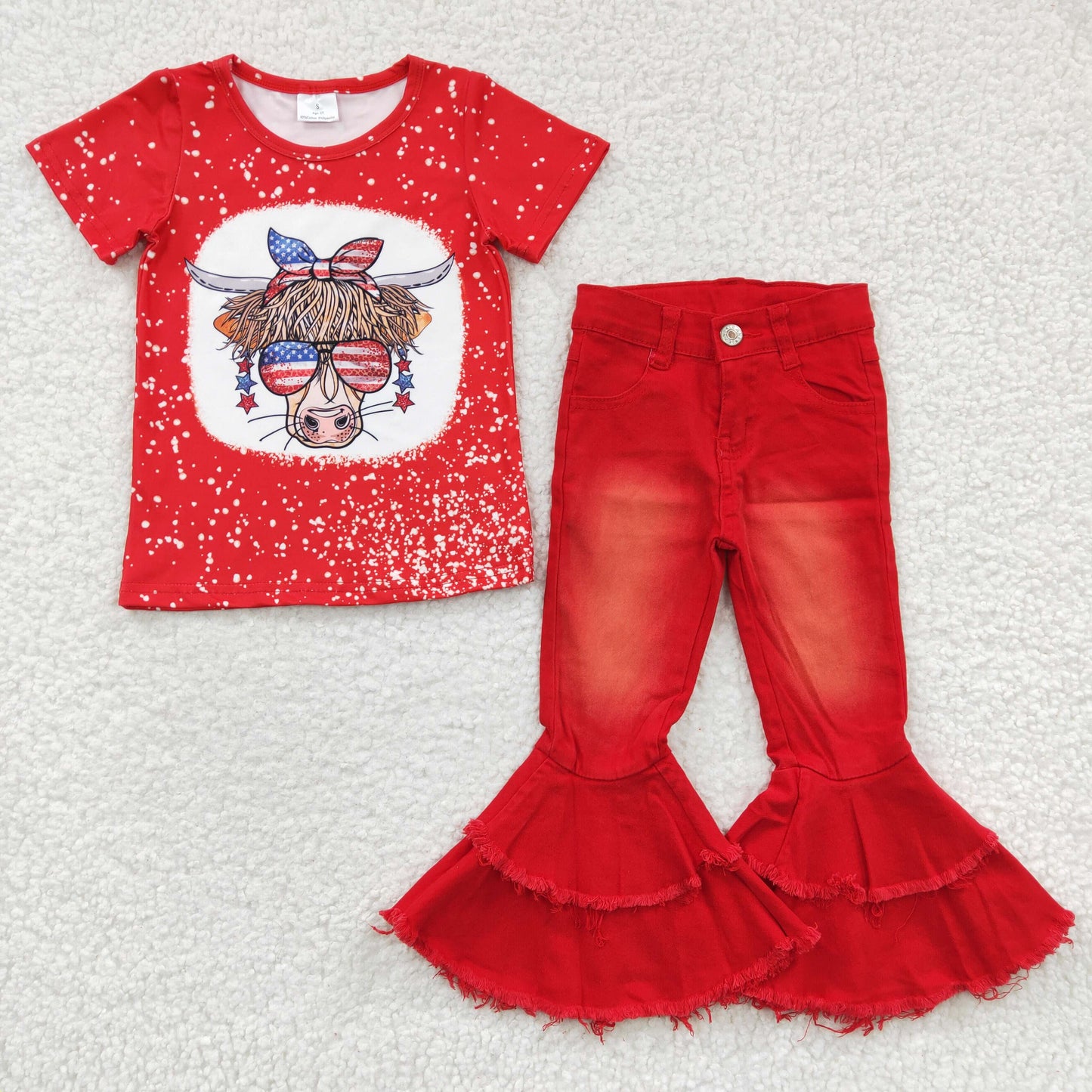 July 4th Red Hignland Cow Top Red Denim Pants Set