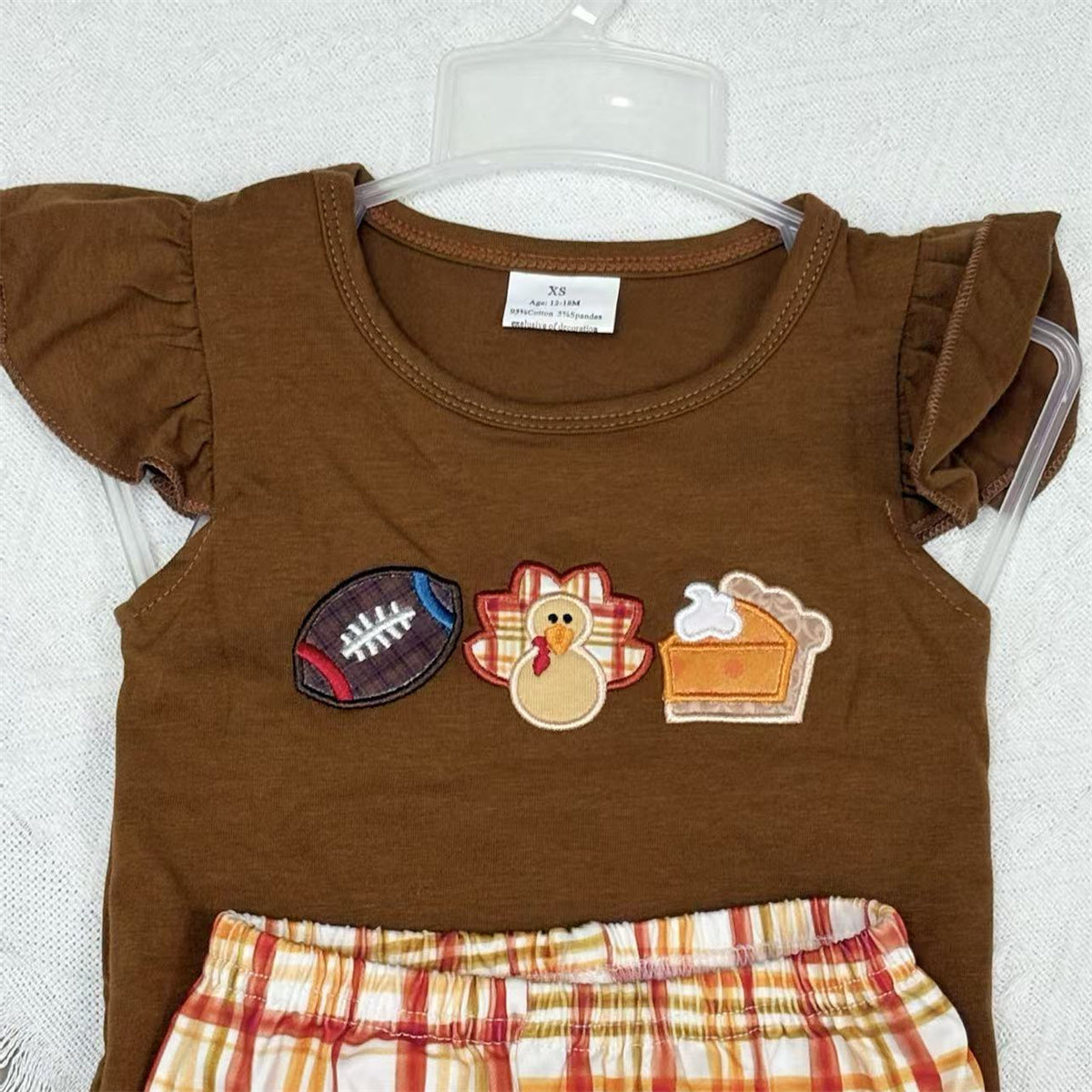 Applique Turkey Football Pie Thanksgiving Sibling Clothes Set /Romper
