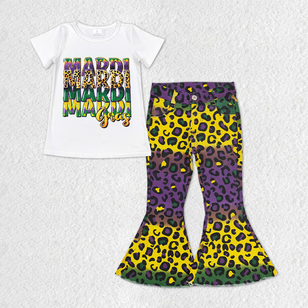 Kids Girls Mardi Gras Top Matching Purple Yellow Leopard Bell Bottom Pants Outfit