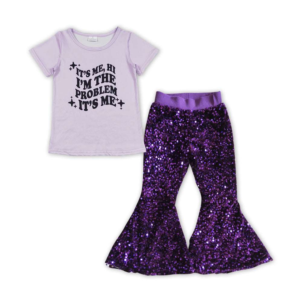 It's Me Hi I'm The Problem Top Matching Purple Sequin Pants Set