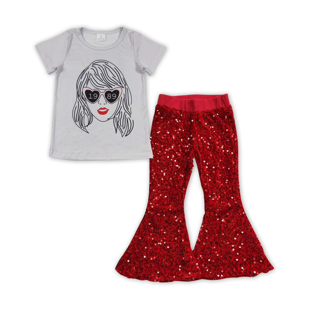 Fashion Girls Pop Singer Top Matching Red Sequin Pants Outfit
