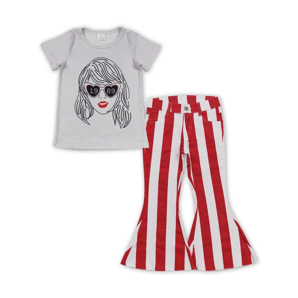 Baby Girls Pop Singer Top Matching Red Striped Jeans Outfit