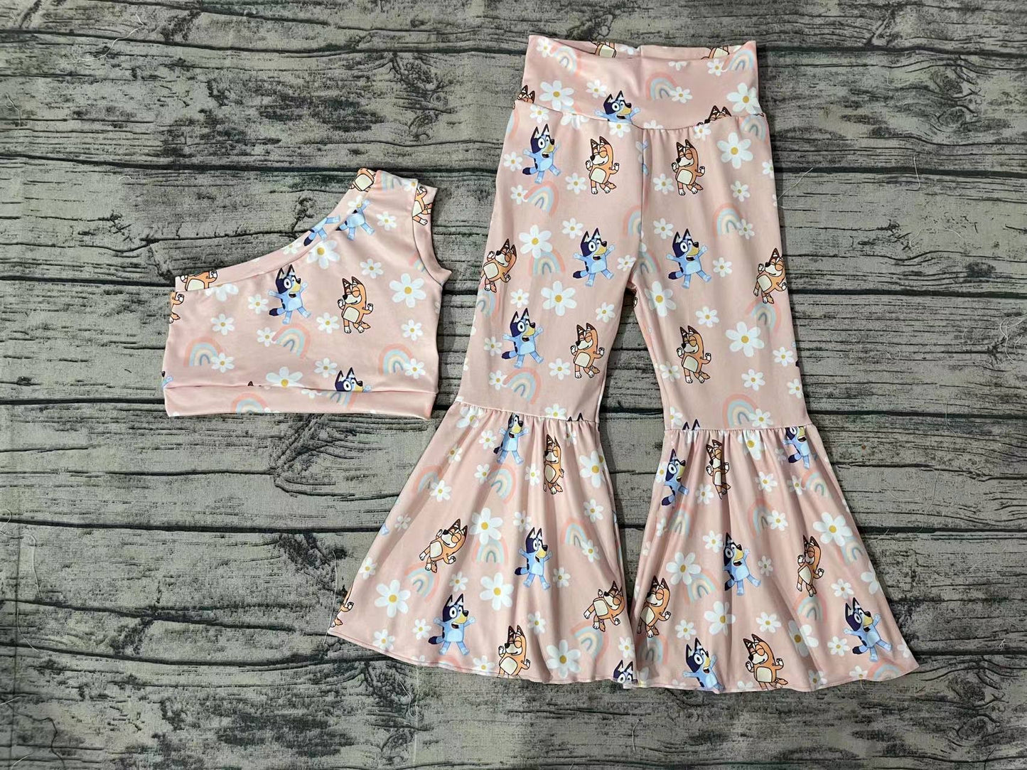 Baby Girls Cartoon Dog One Shoulder Top Bell Bottom Pants Set