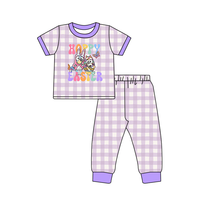 Sibling Baby Girls Sister Happy Easter Cartoon Dog Purple Gingham Pajama and Romper