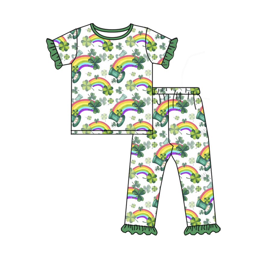 Baby Girls Green Clovers Rainbows Print Top Pant Pajamas Set Preorder