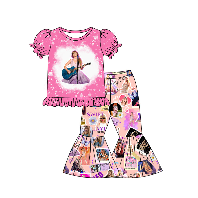 Baby Girls Pink Short Ruffle Sleeves Singer Guitar Print Top Bell Bottom Pant Set Preorder