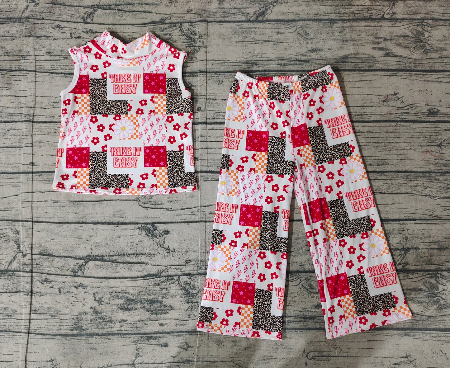 Baby Girls Sleeveless Plaid Floral Leopard Print Top Flame Pant Set Preorder