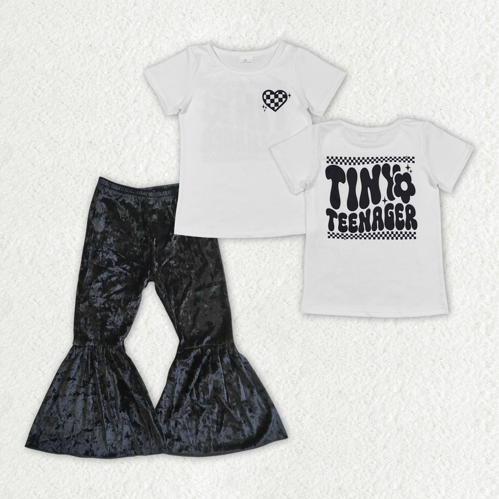 Baby Girls White Short Sleeves Black Plaid Hearts Top Velvet Bell Bottom Pant Set
