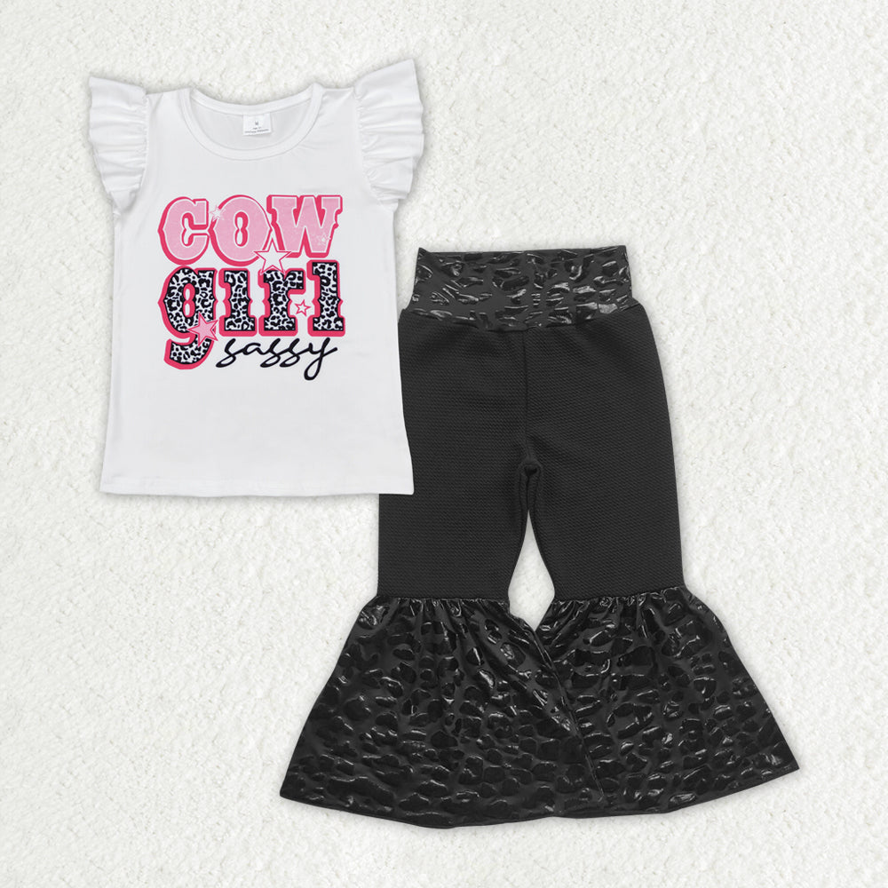 Baby Girls White Flutter Sleeves COW GIRL Top Black Velvet Bell Bottom Pant Set