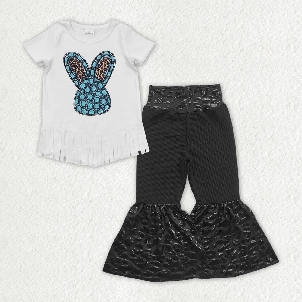 Baby Girls White Short Sleeves Turquoise Bunny Top Black Velvet Bell Bottom Pant Easter Set