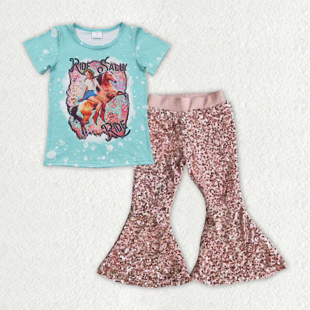 Baby Girls Aqua Short Sleeves Horse Rodeo Top Pink Sequin Bunny Bell Bottom Pant Set