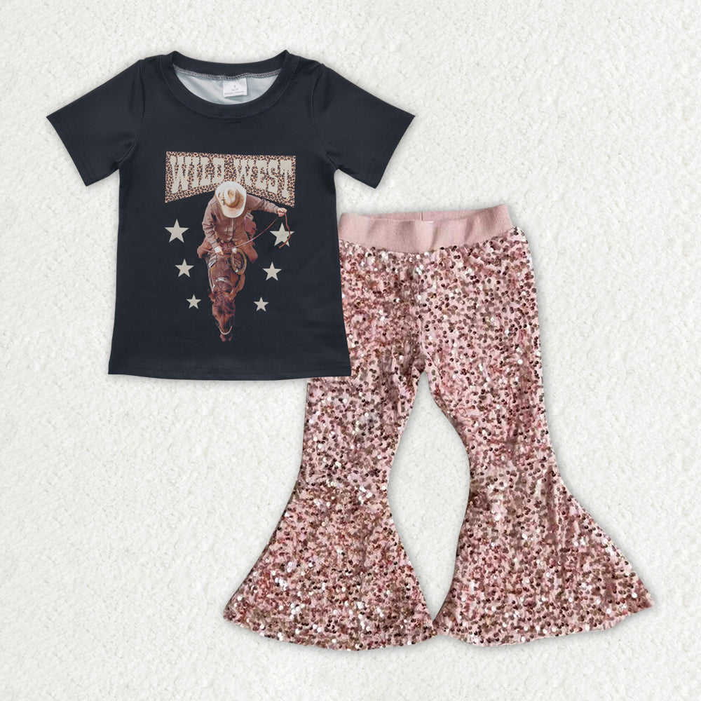 Baby Girls Black Short Sleeves Horse Rodeo Top Pink Sequin Bunny Bell Bottom Pant Set