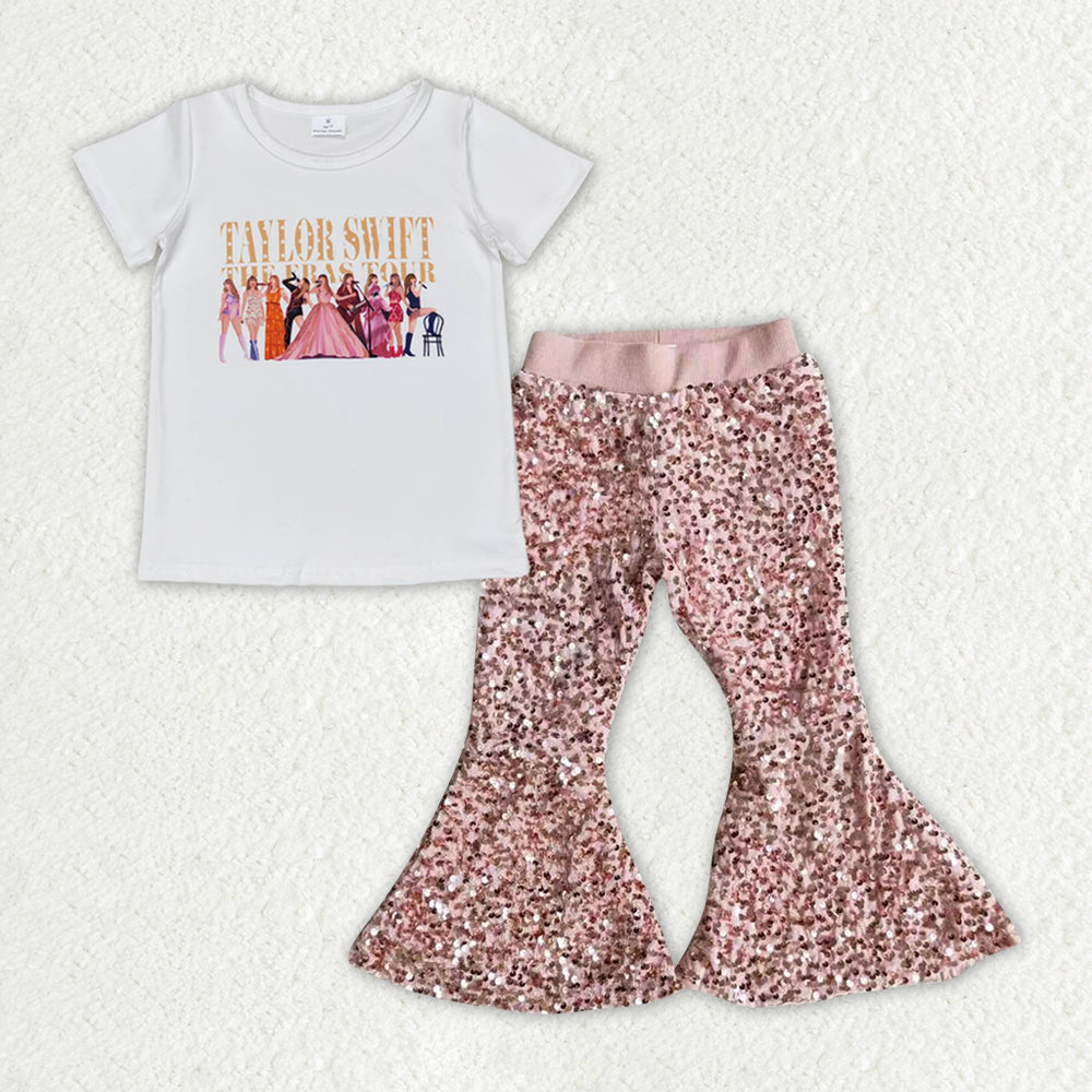 Baby Girls White Short Sleeves Singer Top Pink Sequin Bunny Bell Bottom Pant Set