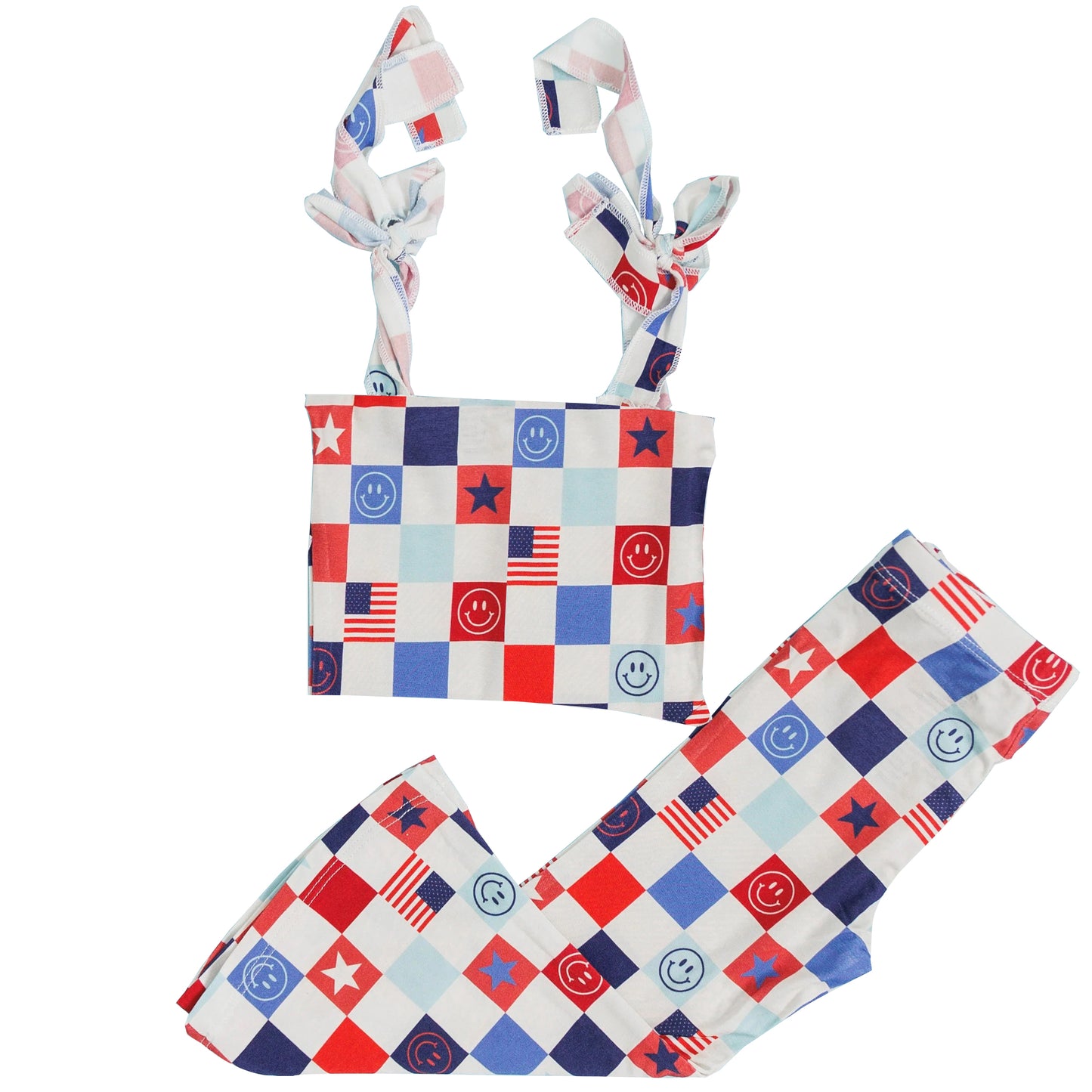Baby Girls Strap Red Blue Plaid Stars Smiles Top Pant Set Preorder