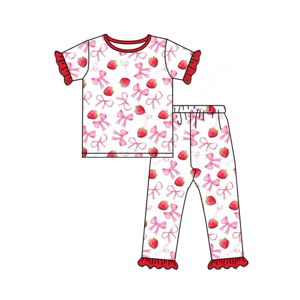 Baby Girls Red Short Ruffle Sleeves Bows Strawberry Top Pant Valentines Pajamas Set Preorder