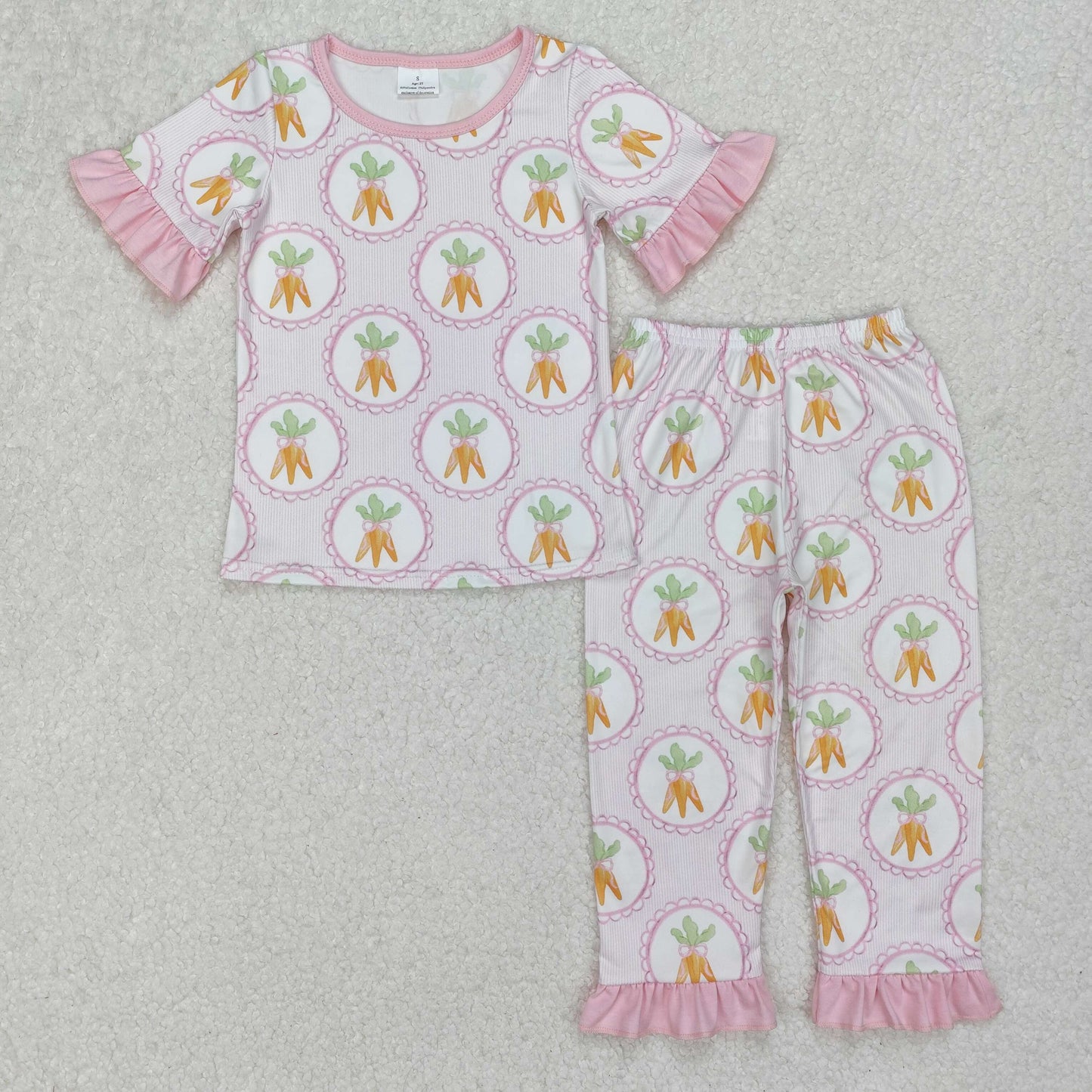 Baby Girls Pink Short Ruffle Sleeves Carrots Top Pant Easter Pajamas Set