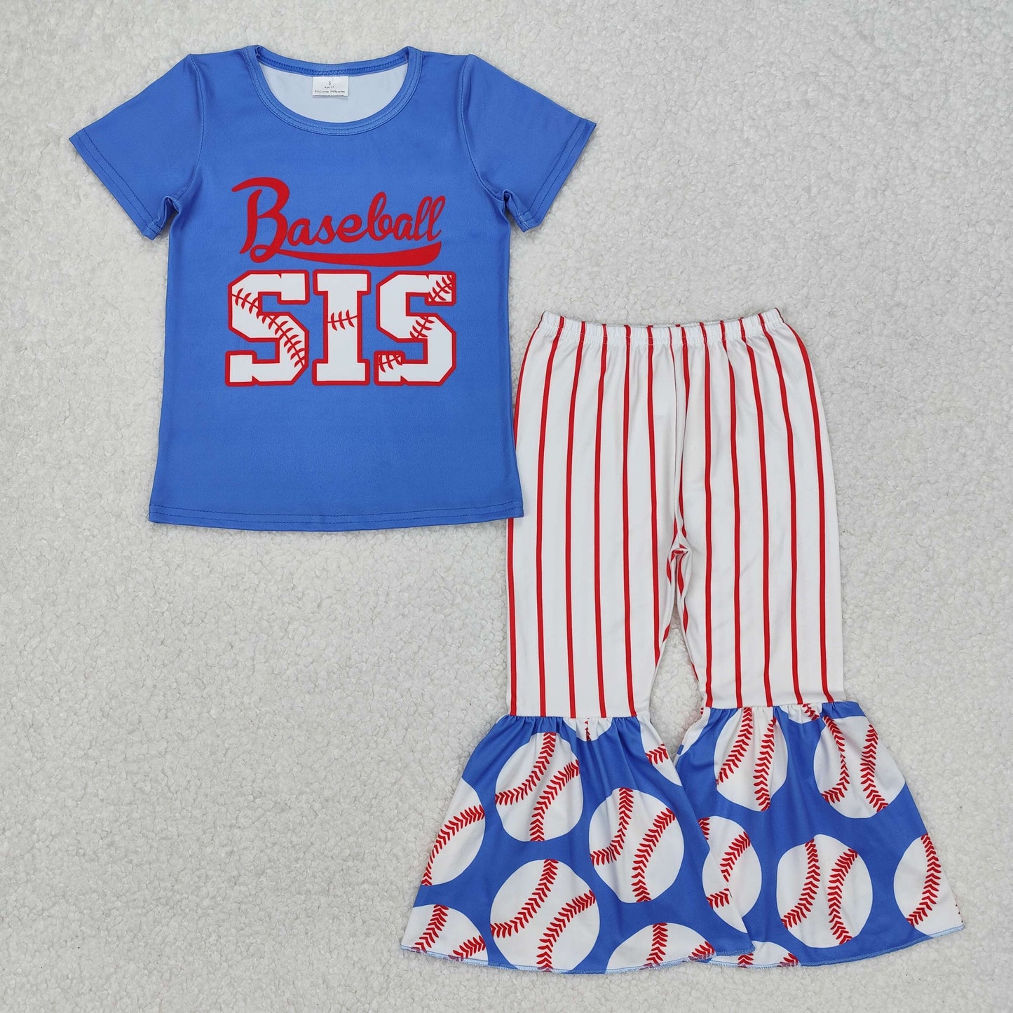 Baby Girls Blue Short Sleeves SIS Baseball Top Red Stripe Bell Bottom Pant Set