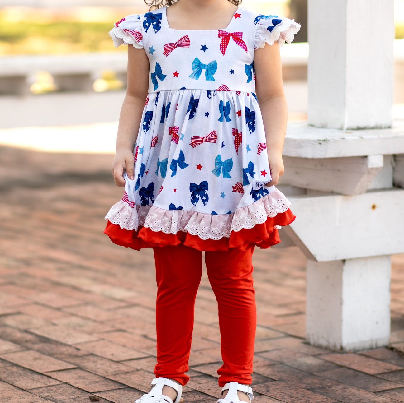 Baby Girls White Flutter Sleeves Blue Red Stars Lace Tunic Red Legging Pant 4th Of July Set Preorder
