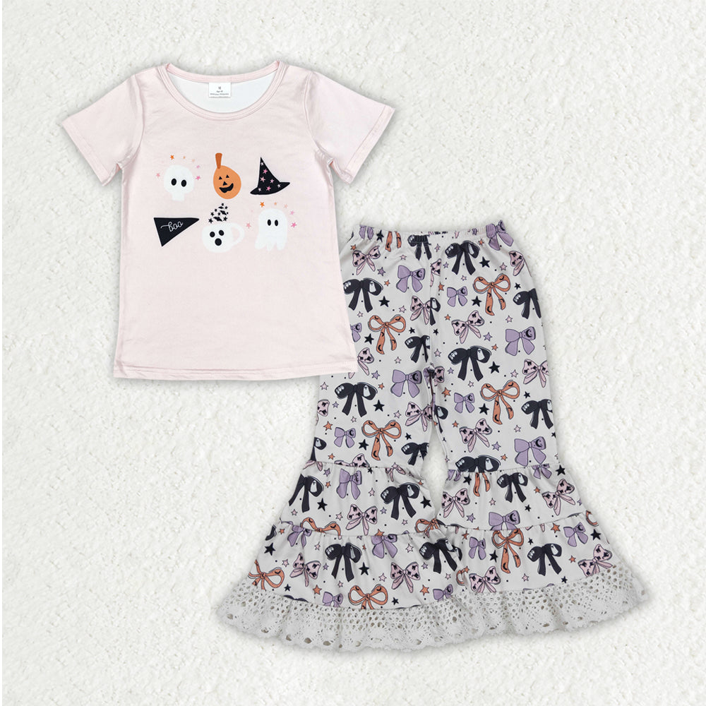 GSPO2065 Kids Girls Ghost Top Print Bell Bottom Pants Outfit