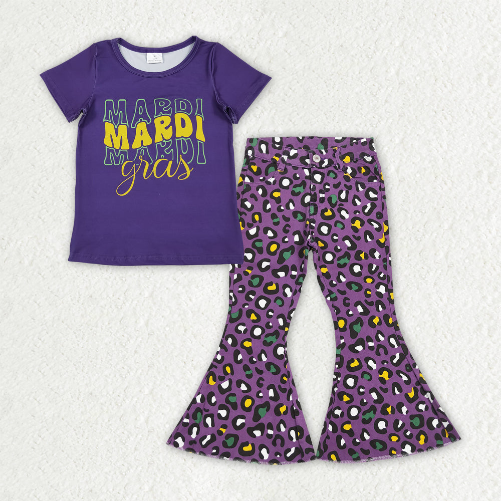 GSPO2187 Baby Girls Mardi Gars Top Purple Leopard Denim Pants Set