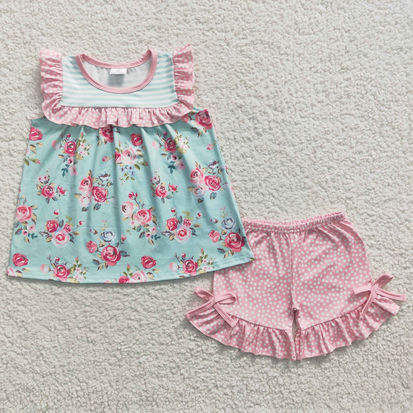 GSSO0215 Baby Girls Rose Flower Tunic Pink Polka Dot Shorts Outfit