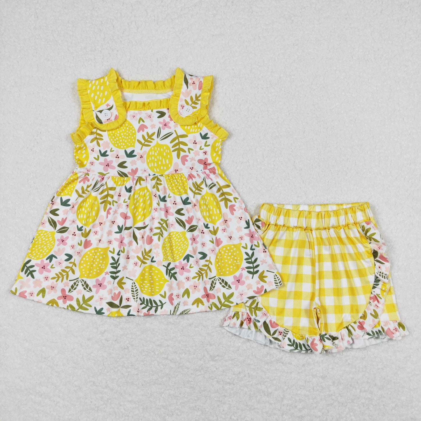 Summer Sibling Flower Lemon baby Girls Outfit and Romper