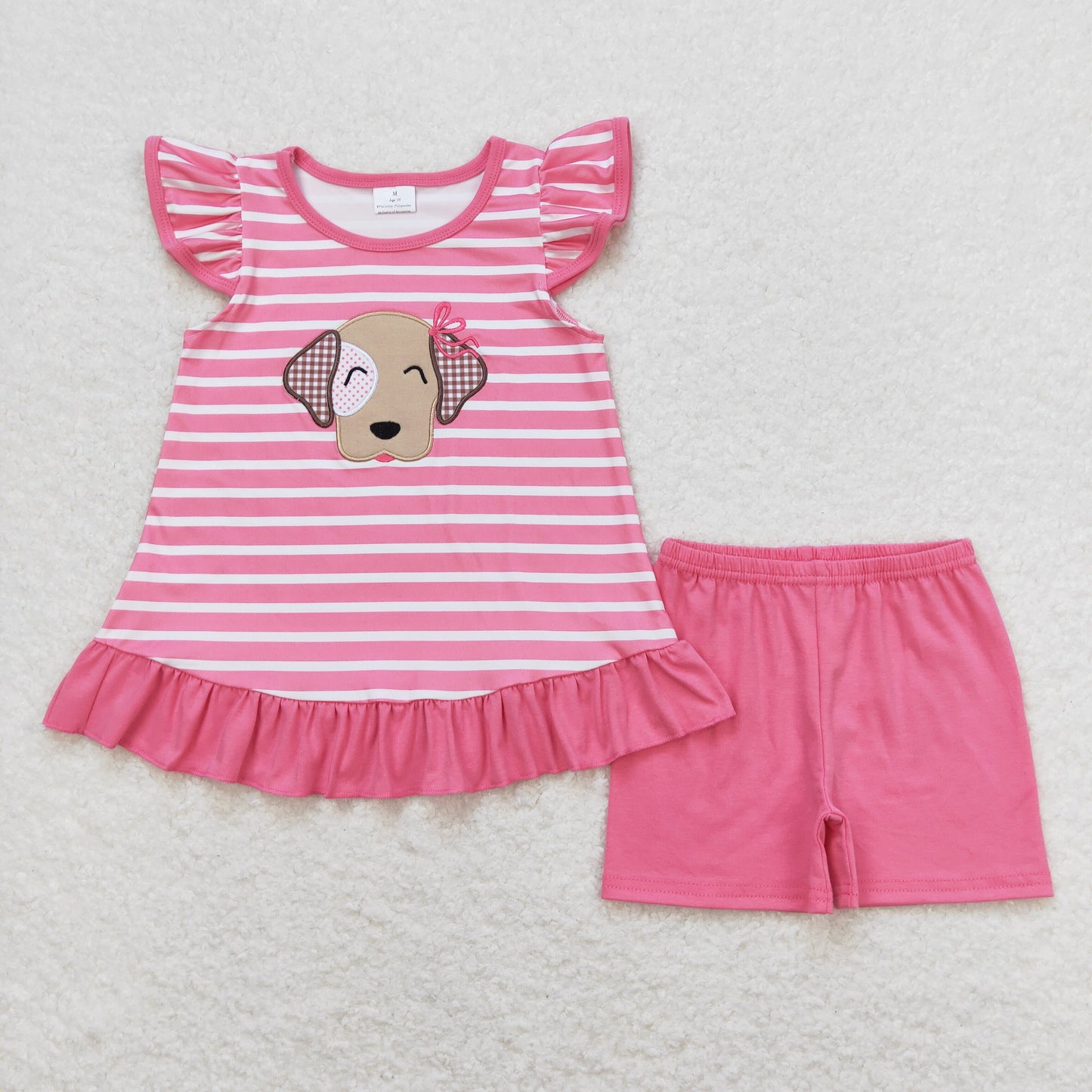 Baby Girls Pink Strip Flutter Sleeves Embroidery Dog Tunic Short Valentines Set