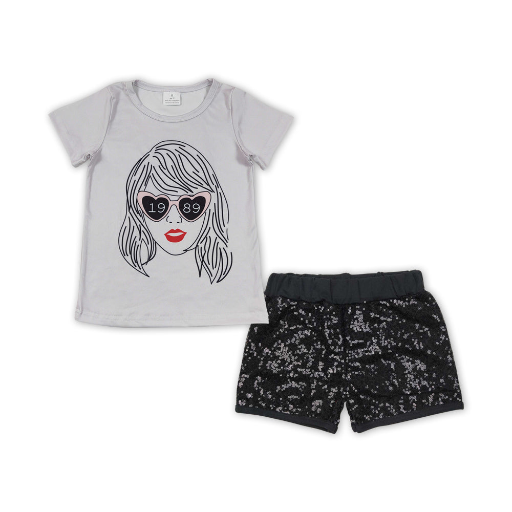 GSSO0898Kids Girls Pop Singer 1989 Black Sequin Shorts Set