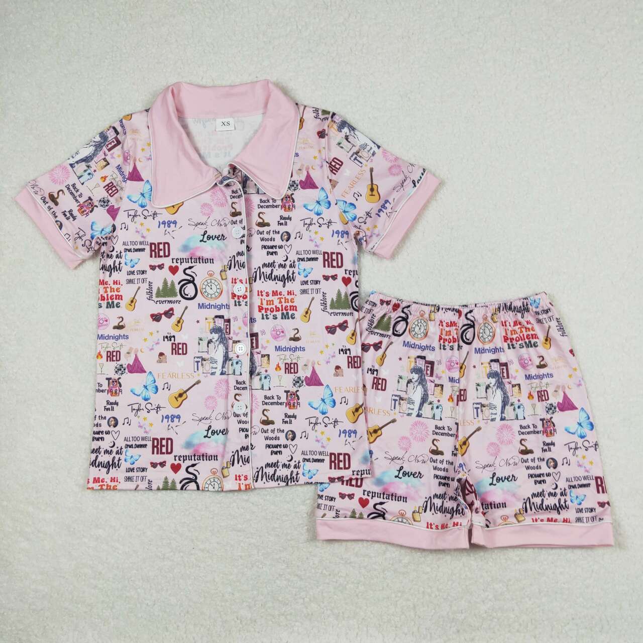 Baby Girls Pink Short Sleeves Singer Guitars Button Down Top Short Pajamas Set