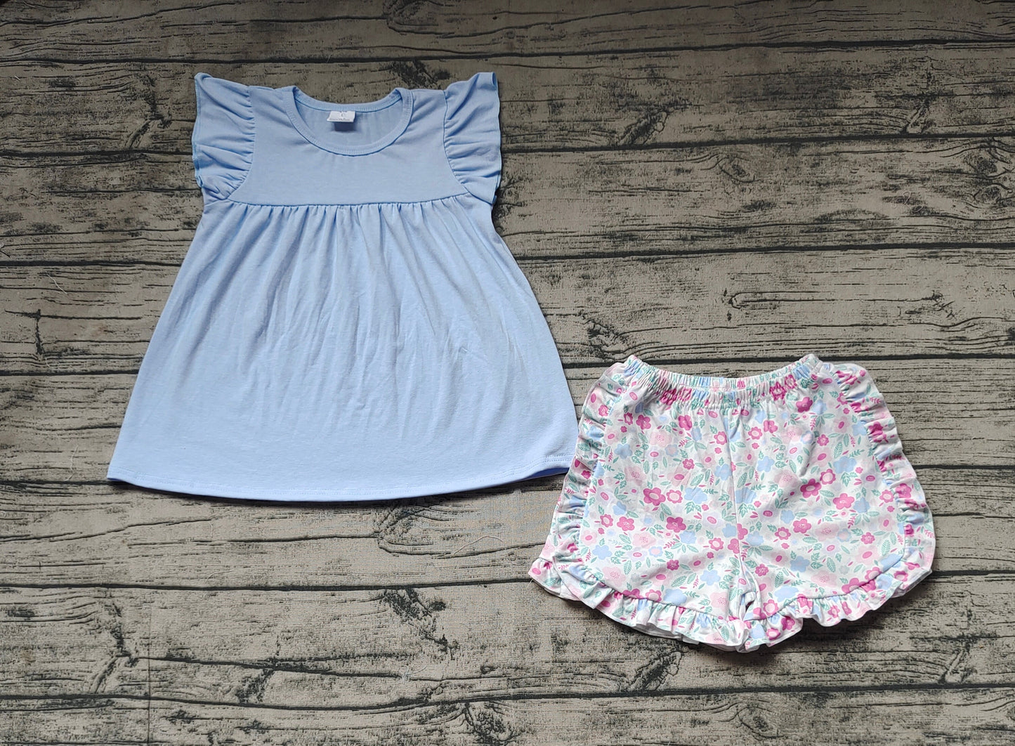 GSSO1056 Baby Girls Blue Pearl Tunic Top Flower Ruffle Shorts Outfit