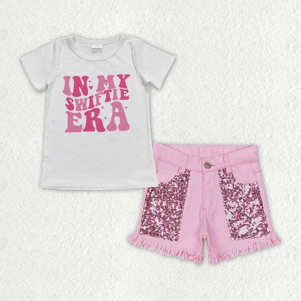 GSSO1444 Pop Singer Top Matching Pink Denim Shorts Set