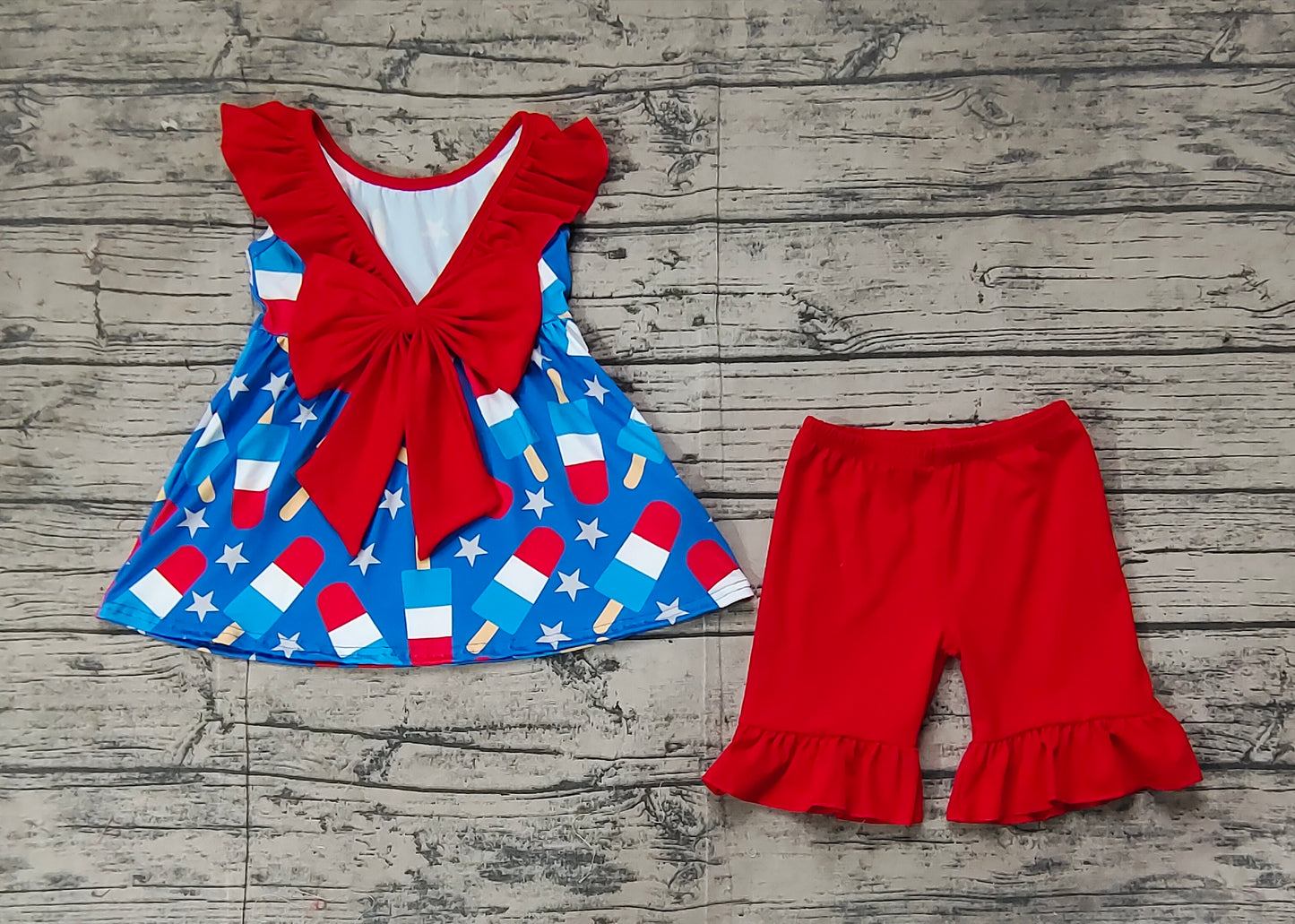 Baby Girls Red Flutter Sleeves Stars Popscile Print Tunic Ruffle Shorts 4th Of July Set Preorder