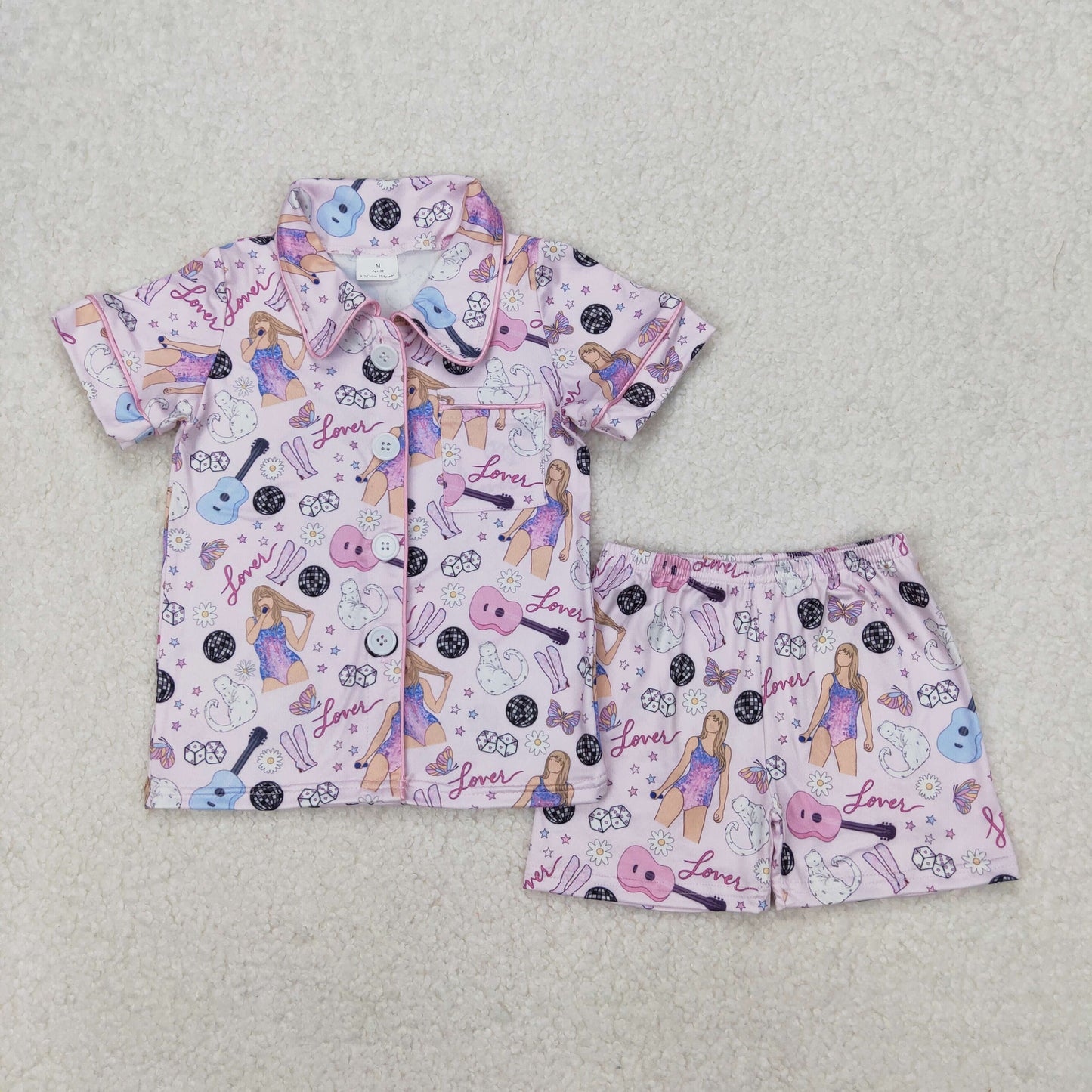 Baby Girls Lavender Short Sleeves Button Down Singer Guitars Print Top Shorts Pajamas Set